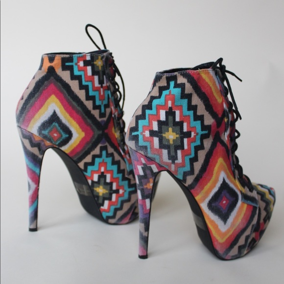 Multi Colored Print Tie Up Ankle Boot Heels - Picture 2 of 9
